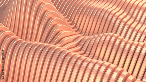 Pink metallic background with waves and lines. 3d illustration, 3d rendering.