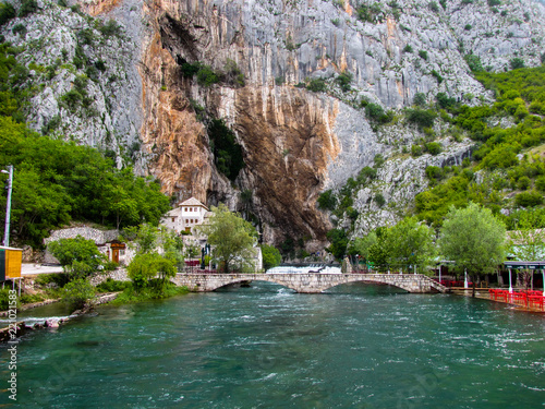 Vrelo Bune (Buna Spring) is the natural and architectural ensemble at the Buna river spring near Blagaj kasaba. At the spring is the Blagaj Tekke beneath high vertical cliff. 