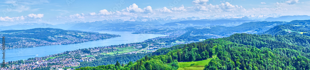 Panoramic view over Lake of Zurich in Switzerland / Alps in the background