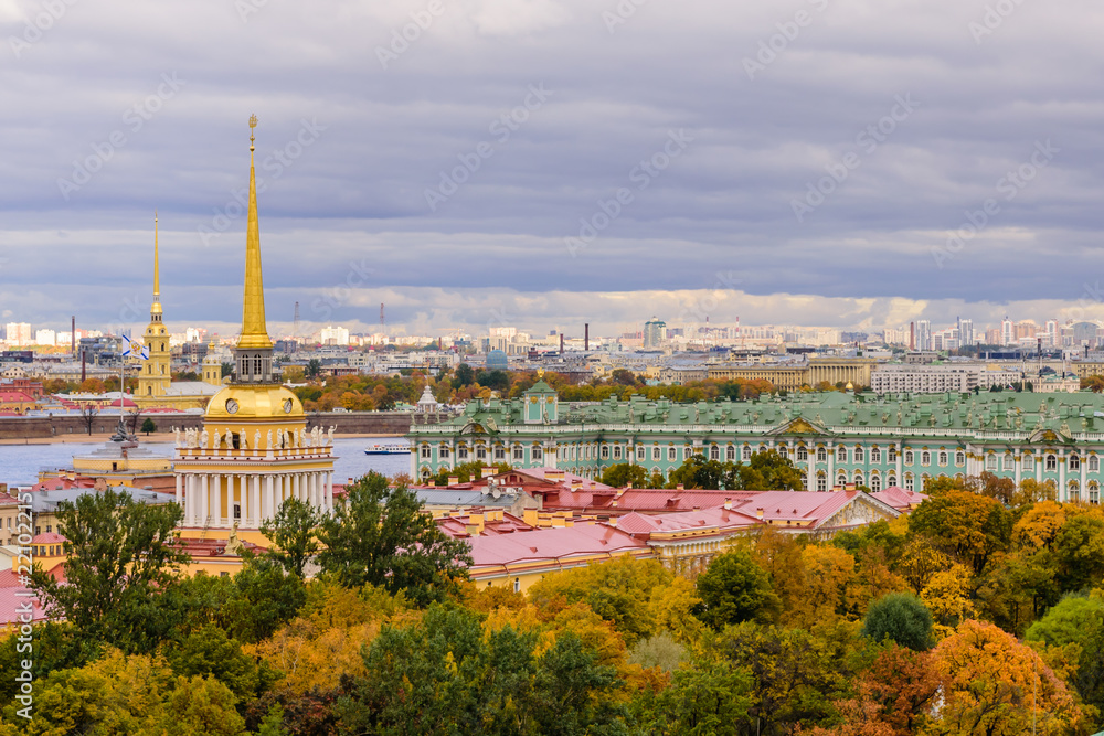 Sightseeing of Saint-Petersburg, Russia. Autumn aerial view of St. Petersburg. View from the colonnade of St. Isaac's Cathedral. Winter Palace, Peter and Paul fortress and the Admiralty.
