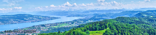 Panoramic view over Lake of Zurich in Switzerland   Alps in the background