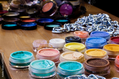 Colorful eyeshadow on the table. Professional set of make-up © PAVEL GERASIMENKO