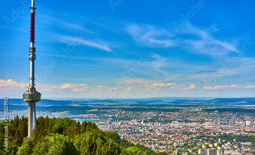 "Uetliberg TV-tower" (186.7 metre high, built in 1990) and cityscape of Zurich, Switzerland 