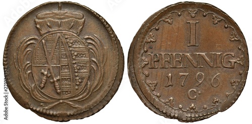 German, Germany, Saxony coin 1 one pfennig 1796, oval shield with crossed swords flanked by palm sprigs, crown above, value and date within circular floral ornament,