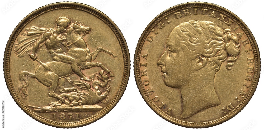 Φωτογραφία Great Britain British golden coin 1 one sovereign 1871, younger head of Queen Vi