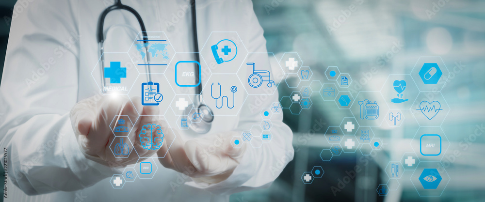 Health care and medical technology services concept with cinematography screen and AR interface.Smart medical doctor working with operating room as concept Health care and medical technology services concept with cinematography screen and AR interface.Smart medical doctor working with operating room as concept