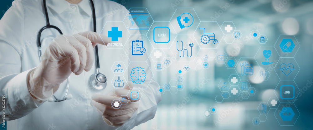 Health care and medical technology services concept with cinematography screen and AR interface.Smart medical doctor working with operating room as concept Health care and medical technology services concept with cinematography screen and AR interface.Smart medical doctor working with operating room as concept