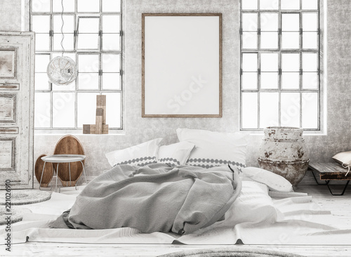 Fototapeta Naklejka Na Ścianę i Meble -  Mock-up poster in shabby interior background, Scandinavian style, 3d render