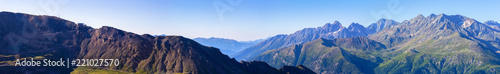 Wide morning view of a panorama cableway station showing Grossglockner, the highest mountain in Austria