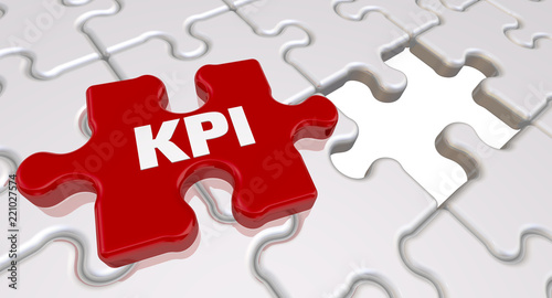 KPI - Key Performance Indicators. The inscription on the missing element of the puzzle. Folded white puzzles elements and one red with text KPI (Key Performance Indicators). 3D Illustration