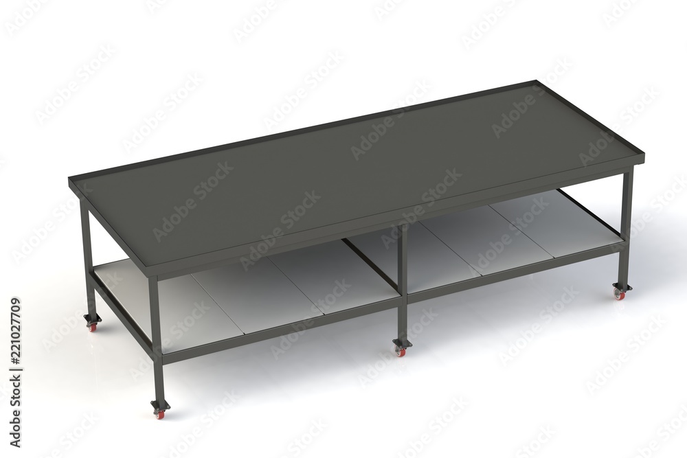 Working table of black metal covered with rubber. On white isolated background. 3D rendering, 3D illustration. Working table of black metal covered with rubber. On white isolated background. 3D rendering, 3D illustration.