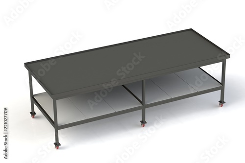 Working table of black metal covered with rubber. On white isolated background. 3D rendering, 3D illustration.