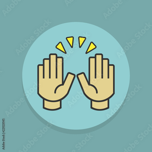 Colorful raising celebration hands icons sticker label on teal blue background