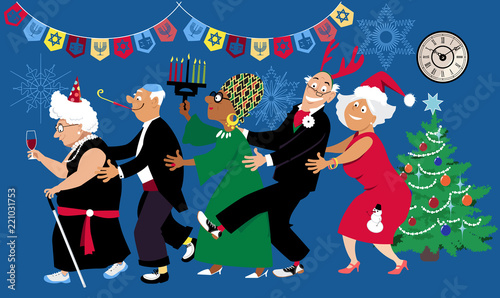 Senior citizens celebrate a multi denominational winter holidays at retirement home or a community center with diverse  friends, EPS 8 vector illustration