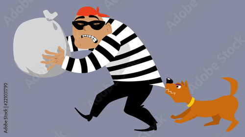 Dog stopping a criminal stealing a bag of goods, EPS 8 vector illustration