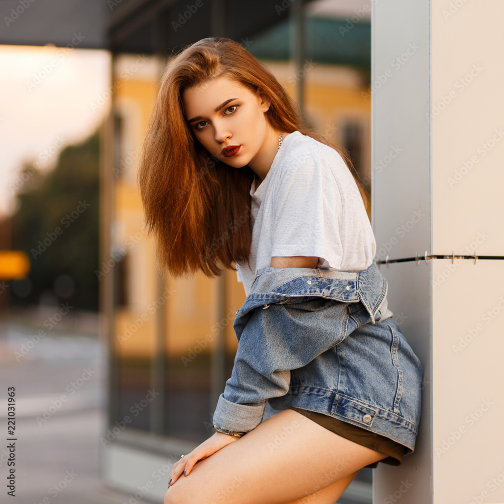 Stylish Beautiful Model Girl In Gray Tshirt And Vintage Jeans Jacket Posing  Outdoors In The City Stock Photo  Download Image Now  iStock