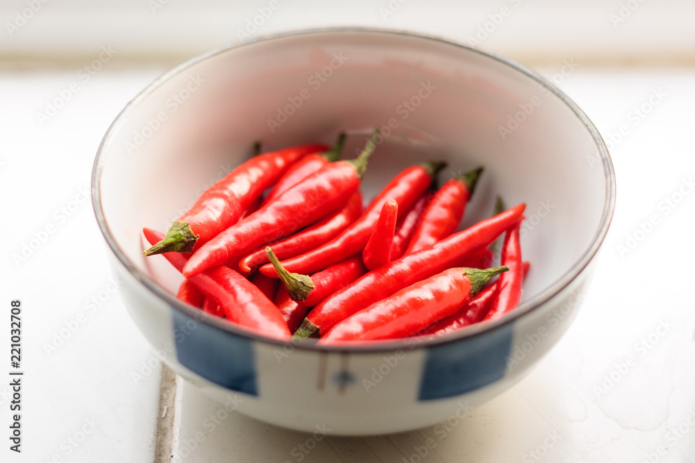 Bowl of red Bird's Eye chillis Bowl of red Bird's Eye chillis