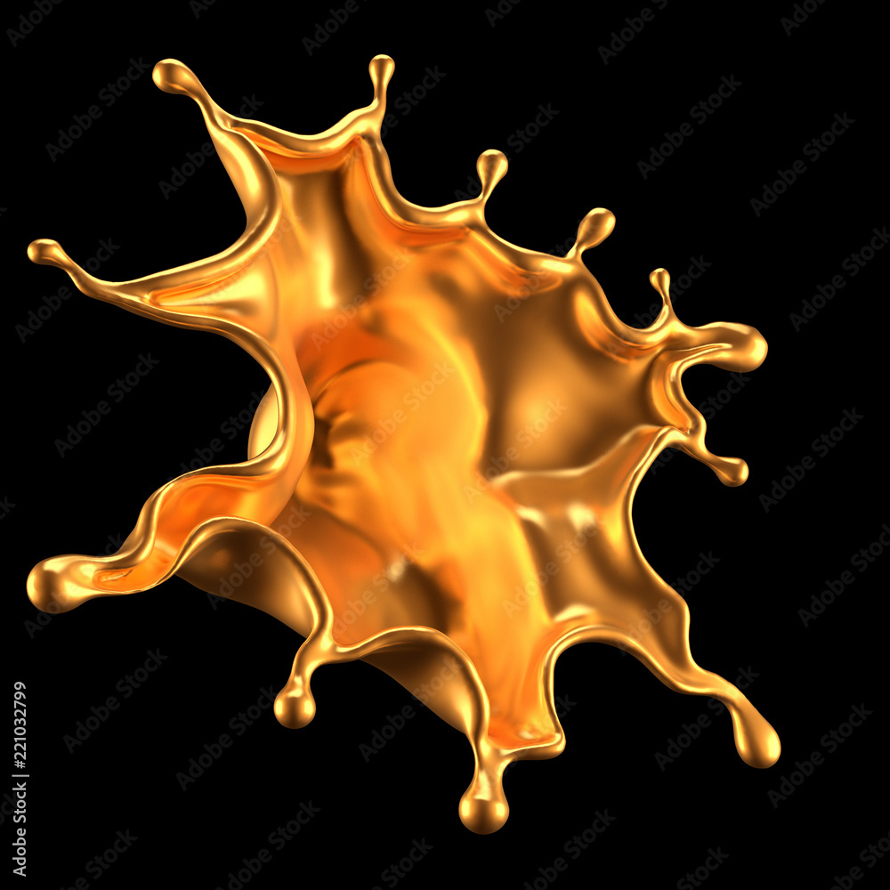 Gold splash liquid black background. 3d illustration, 3d rendering.