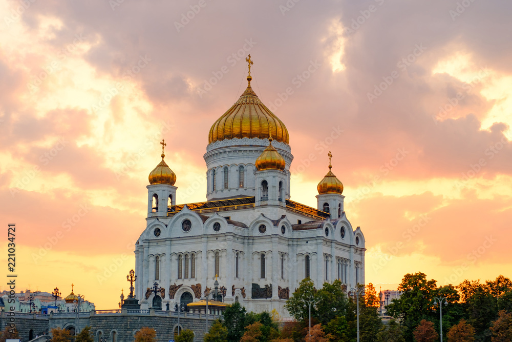 Moscow, landscape with view on temple of Christ the Savior on sunset.