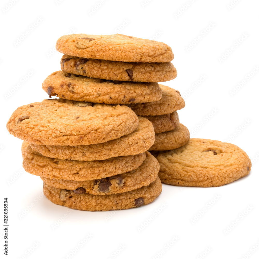 Stacked Chocolate chip cookies isolated on white background. Sweet biscuits. Homemade pastry. Stacked Chocolate chip cookies isolated on white background. Sweet biscuits. Homemade pastry.