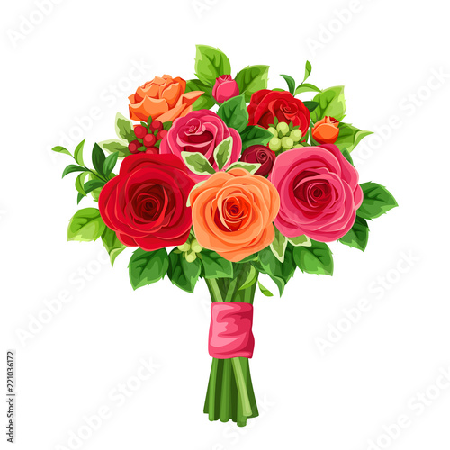 Vector bouquet of red and orange roses and green leaves.