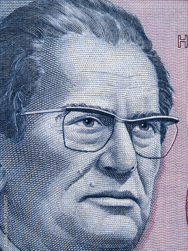 Josip Broz Tito portrait on Yugoslavia 5000 dinara (1985) banknote closeup macro, leader of Yugoslav communist revolutionary, President of Yugoslavia..
