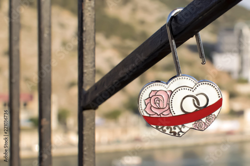 Wedding padlocks with wedding rings, roses and a place for inscriptions on a sunny summer day
