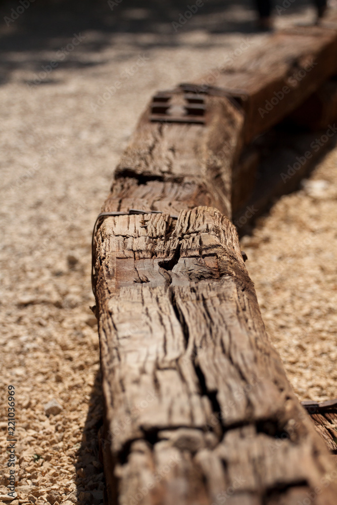 Fototapeta premium Old wooden beams on a brown background.