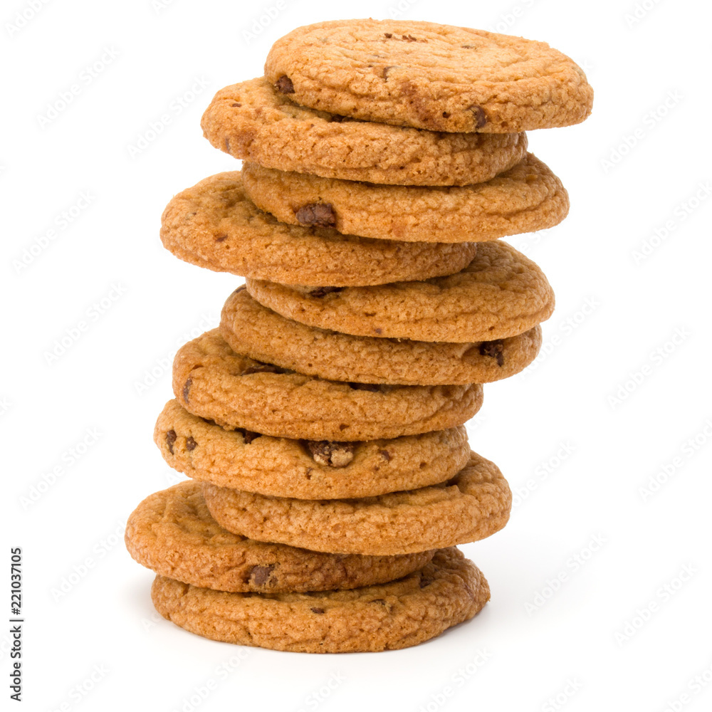 Stacked Chocolate chip cookies isolated on white background. Sweet biscuits. Homemade pastry.