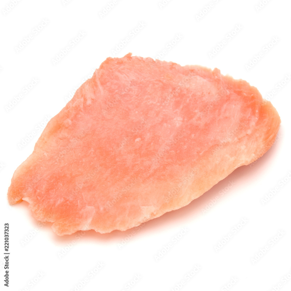 smoked salmon segments isolated on white background cutout. Prepared fish fillet fibres.