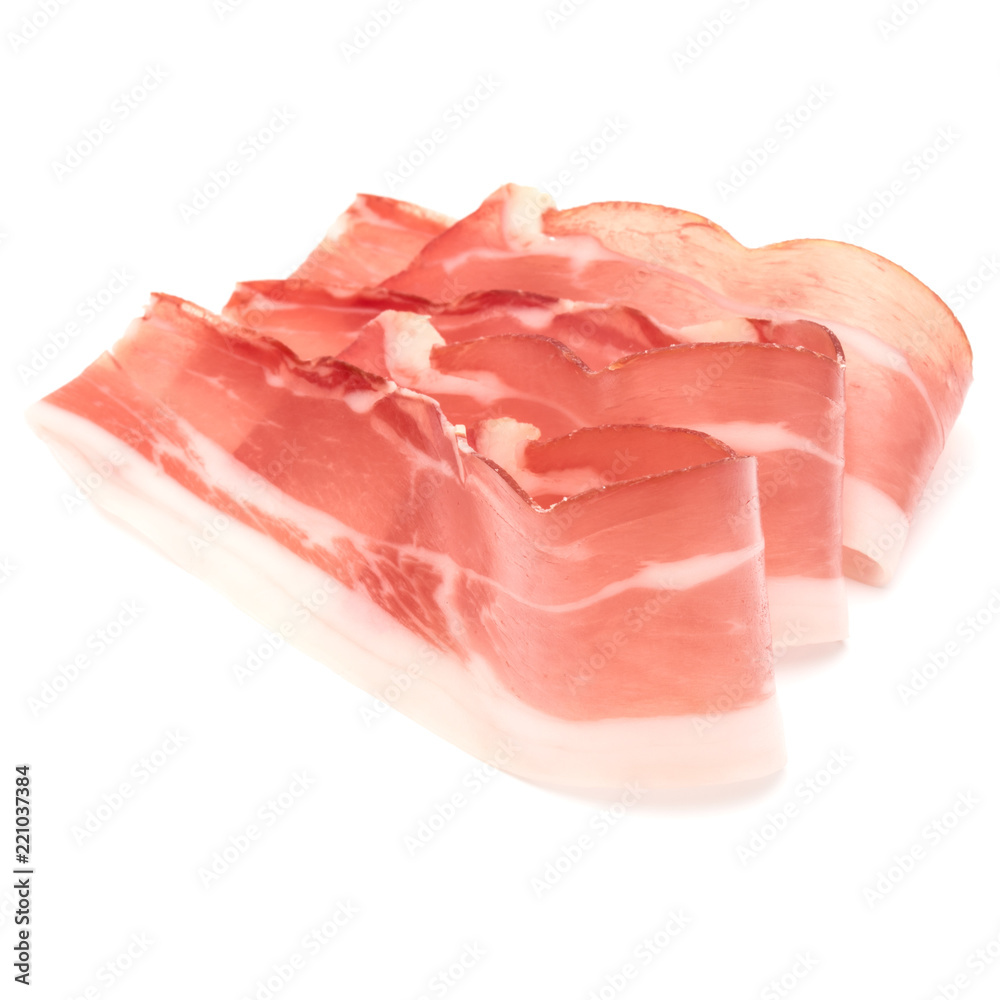 Italian prosciutto crudo or jamon. Raw ham. Isolated on white background Italian prosciutto crudo or jamon. Raw ham. Isolated on white background