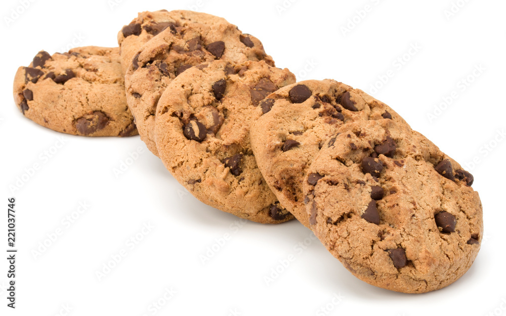 Chocolate chip cookies isolated on white background. Sweet biscuits. Homemade pastry.