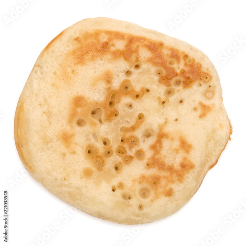 One pancake isolated on white background cutout. Top view.