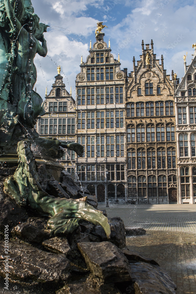 Fountain and guildhalls in the city center of Antwerp, Belgium