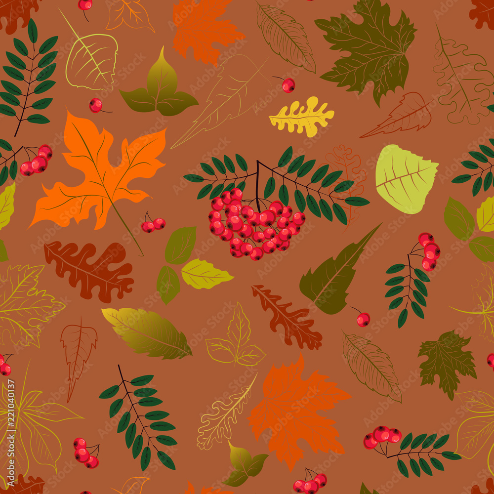 A seamless pattern on an autumn theme with orange and green leaves and rowan berries on a brown background.