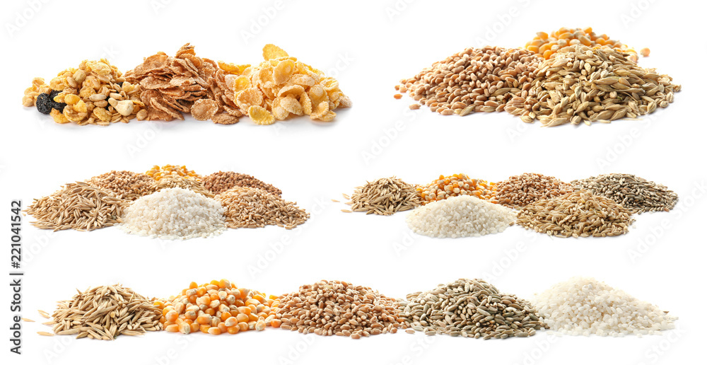 Set with different cereal grains on white background - obrazy, fototapety, plakaty 