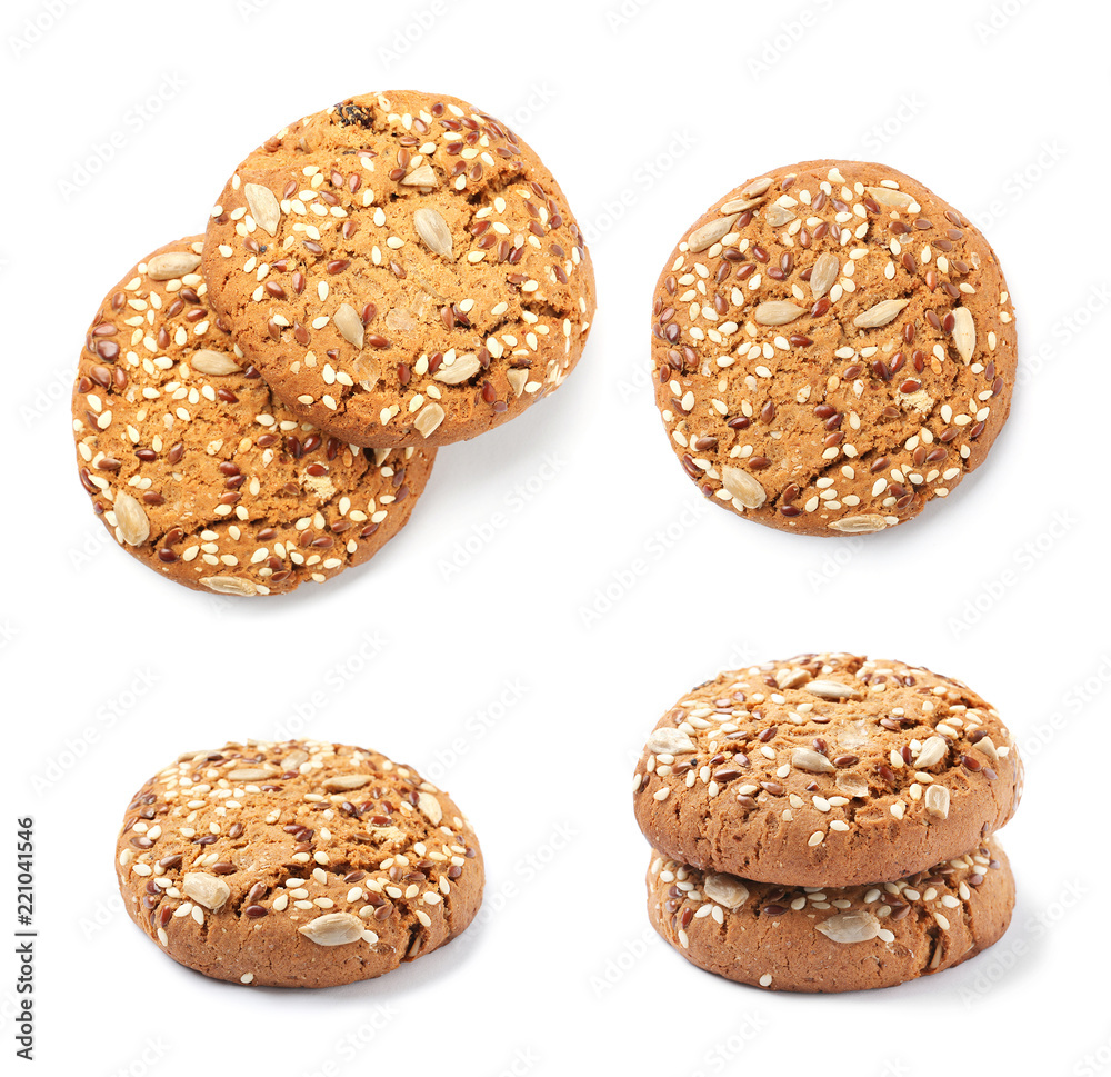 Set with grain cereal cookies on white background. Healthy snacks