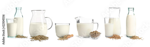 Set with non-dairy vegan hemp milk on white background