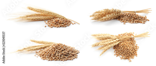 Set with spikelets and cereal grains on white background