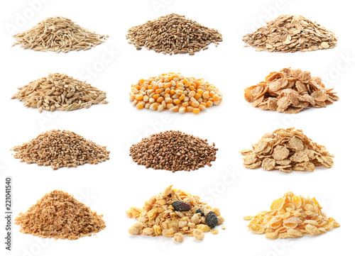 Set with different cereal grains on white background