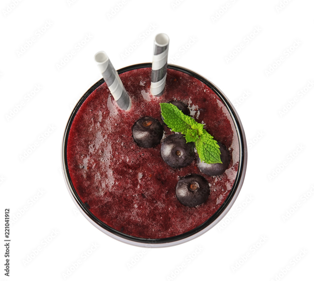 Glass with delicious acai smoothie on white background Glass with delicious acai smoothie on white background