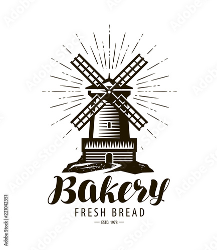 Bakery, bakehouse logo or label. Windmill, mill symbol, vector