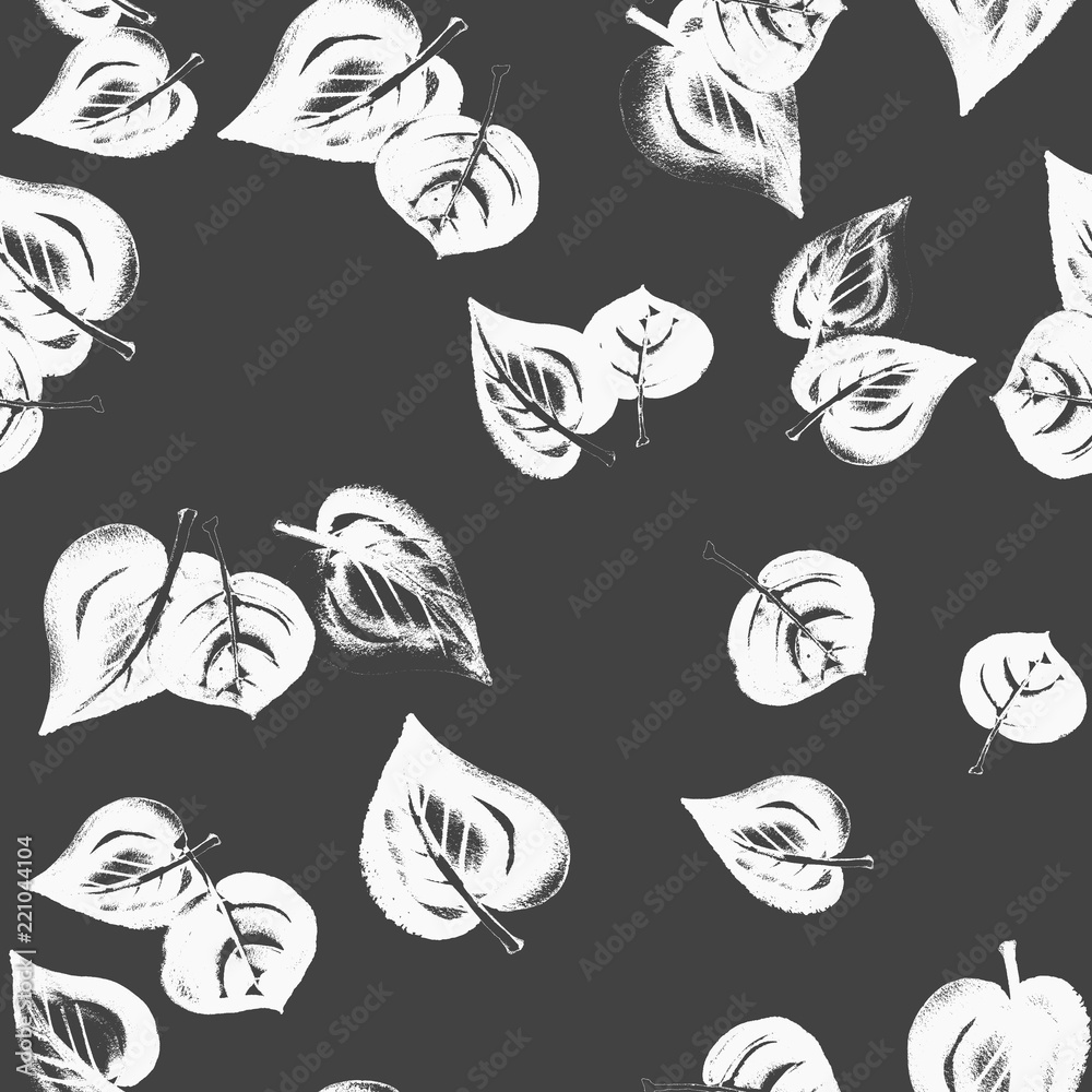 Monochrome autumn leaves seamless pattern on black background