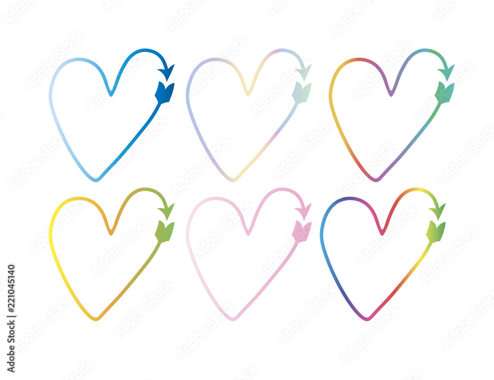 set of vector hearts in the form of arrows. pointer, symbol. gradient drawings, colorful