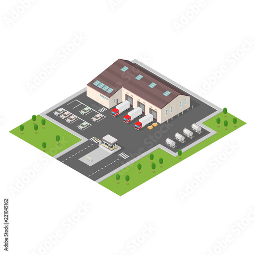 Isometric vector illustration of a large warehouse with delivery trucks
Manufacturer storage distribution center.