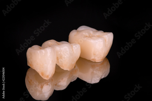 dental ceramic veneers and crowns isolated with mirror background.