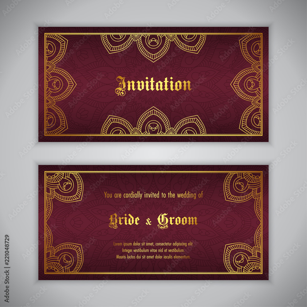 Fototapeta premium Luxury wedding invitation with golden ornament. Vector illustration