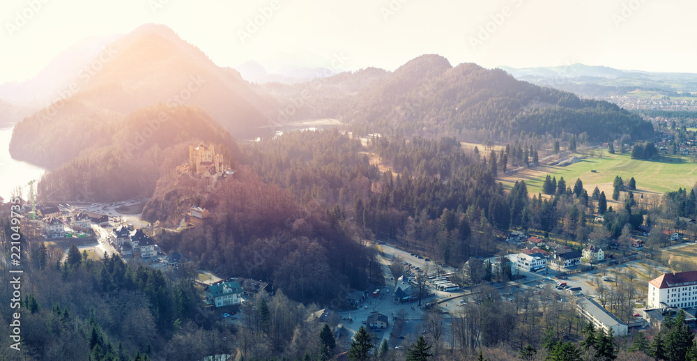 Panoramic view of Beautiful summer sunset landscape view of the Hohenschwangau castle at Fussen Bavaria, Germany
