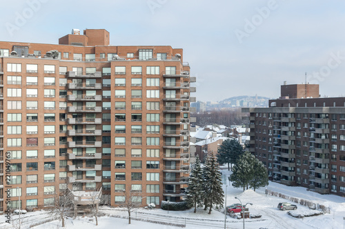 Photography Modern condo buildings with huge windows in snow, Montreal, Canada