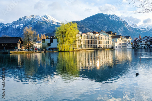 Panoramic view of Interlaken West downtown and Aare river